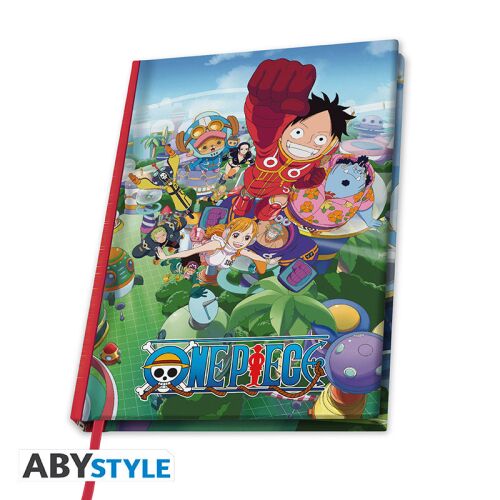ABYstyle One Piece A5 Egghead jegyzetfüzet borítója Monkey D. Luffyval és a Szalmakalapos kalózokkal az Egghead szigeten, ferde nézetben - Füzet