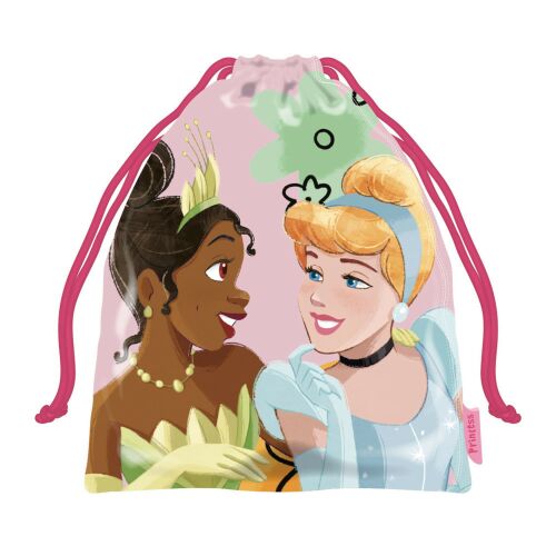 Disney Hercegnők Flowers uzsonnás táska Tianával és Hamupipőkével, rózsaszín húzózsinóros zárással, 26,5 cm, lányoknak - Uzsonnás táska