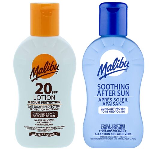 Malibu SPF 20 naptej és Malibu Napozás Utáni testápoló 100ml szett, ideális napvédelemre és napozás utáni ápolásra, fehér háttérrel - Napozószer