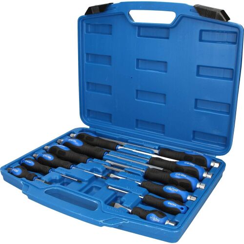Brilliant Tools BT034012 csavarhúzó készlet kék tokban, ferde nézetben, sokféle laposfejű és PH csavarhúzóval - Kézi szerszám