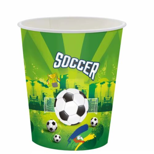 Focis papír pohár, SOCCER, 250 ml, 10 db/cs gyerekzsúrokra és eseményekre, élénk zöld focis mintával és SOCCER felirattal - Gyerek pohár