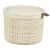 Angled view of a beige jute round storage box with lid