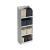 Display shelf with beige and dark blue jute storage boxes with lids