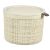 Angled view of a beige jute round storage box with lid