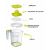 A Rotho 1.5L mérőkancsó felrobbantott nézete: fedél, citrusfacsaró, reszelő, fröccsenésgátló és mérőkancsó, lengyel feliratokkal