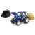 Bruder New Holland T5 modell traktor felemelt homlokrakodó kanállal és szénabálával, fehér háttérrel