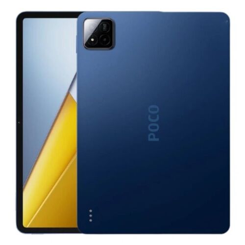 Xiaomi Poco Pad C1 128GB 6GB RAM kék tablet, előlapi kijelző dinamikus háttérképpel és hátlap kamera modullal, valamint POCO logóval 