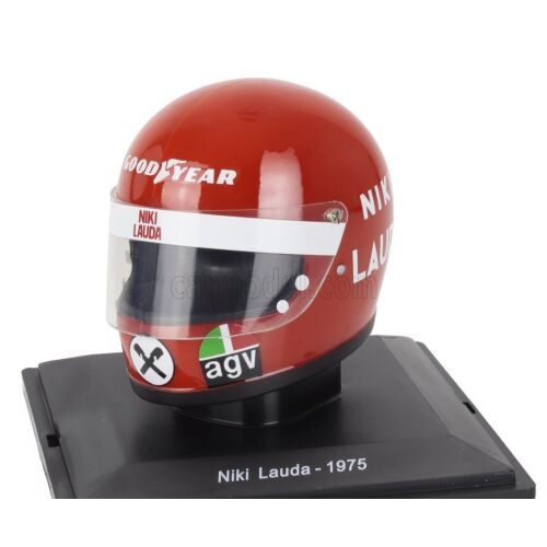 Forma 1 Sisak 1:5 Niki Lauda 1975 az Edicolától, az ikonikus piros Ferrari F1 sisak részletes méretarányos modellje fekete kijelző talpon. - Játék