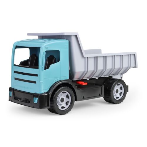 Giga Trucks Türkiz Dömper 61 cm, egy nagy türkiz műanyag billenőplatós teherautó játék szürke platóval, szögből nézve fehér háttéren, kültéri játékhoz és homokozóba gyerekeknek - Lena