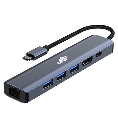 Szögletes nézet egy szürke USB-C hub adapterről 6 az 1-ben HDMI, 3x USB 3.0, PD, RJ-45 portokkal fehér háttéren - USB elosztó