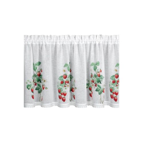 Az Eper mintás modern vitrázs függöny Fehér 60x150 cm teljes nézete, síkban felakasztva, bemutatva az ismétlődő eper mintát és a csipke szegélyt egyszerű fehér háttér előtt. - Függöny