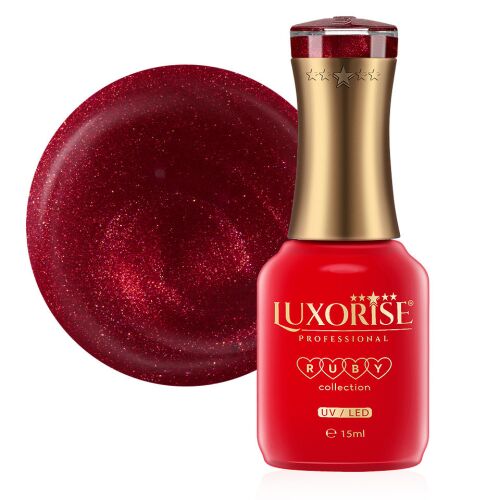 LUXORISE Ruby Collection Love Elixir 15ml félig tartós géllakk üveg piros csillámos mintával fehér alapon 