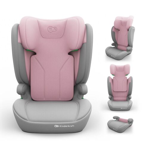 Kinderkraft I-Spark 2 Plus i-Size gyerekülés rózsaszín-szürke színben, 100-150cm, kollázs a teljes gyerekülésről és az ülésmagasító konfigurációkról - Autós gyerekülés