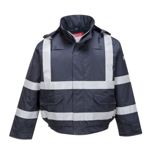 Bizflame Rain FR Multi Protection bomber kabát tengerészkék színben, M méretben, fényvisszaverő csíkokkal a nagyfokú láthatóságért és lángállóságért, elölnézet fehér háttérrel - Munkakabát