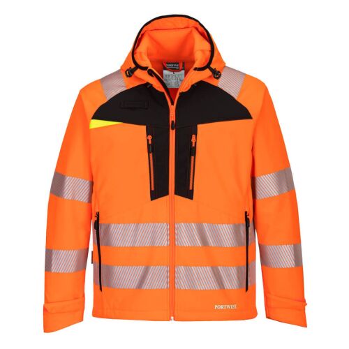 DX4 Hi-Vis Softshell (3L) narancs/fekete 6XL dzseki fényvisszaverő csíkokkal, kapucnival és több zsebbel a biztonság és láthatóság érdekében. - Láthatósági ruházat