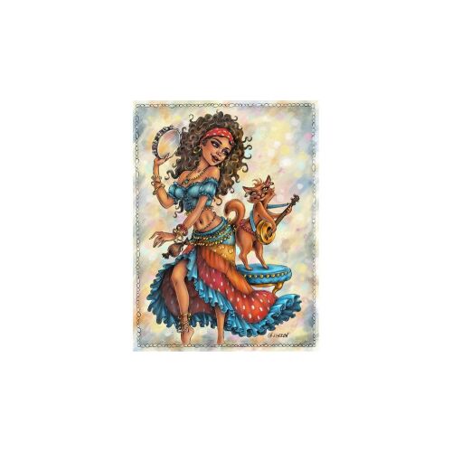 A JaCaRou Dancing Queens puzzle illusztrációjának közeli képe, egy vibrálóan táncoló nőt ábrázol tamburinnal és egy lantot játszó macskát, színes háttér előtt - Puzzle és kirakó