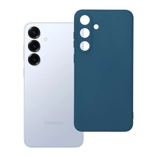 Fehér Samsung S25 Plus telefon hátlapja sötétkék Soft szilikon telefontok mellett, bemutatva a tökéletes illeszkedést és a kamera védelmét. - Telefontok