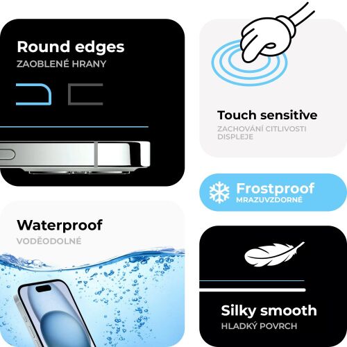 Infografika a TGP Huawei Mate 10 Pro képernyővédő fólia főbb jellemzőiről: Lekerekített élek, Érintésérzékeny, Vízálló, Fagyálló és Selymesen sima felület 