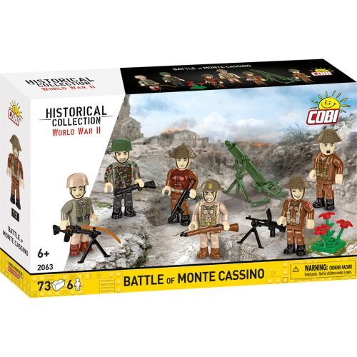 COBI Monte Cassino csata 73 darabos építőkészlet csomagolás, elölnézet, második világháborús katona minifigurákkal és történelmi gyűjtemény márkafelirattal - Cobi