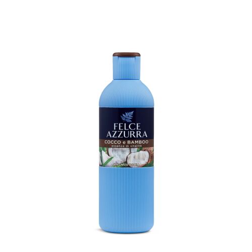 FELCE AZZURRA Kókusz és Bambusz tusfürdő, 650 ml, világoskék bordázott flakonban, sötétkék címkével, elölnézet, fehér háttérrel - Felce Azzurra