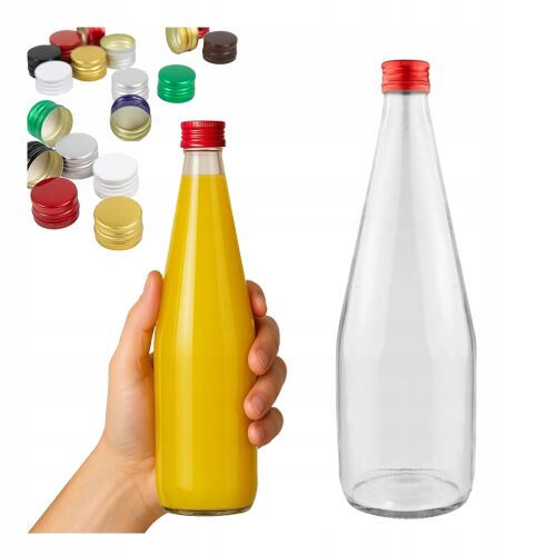 KROPLA 700ml-es üvegpalack gyümölcsléhez, vodkához vagy alkoholhoz, kézben tartva, átlátszó palackkal és válogatott kupakokkal a háttérben - Üvegpalack