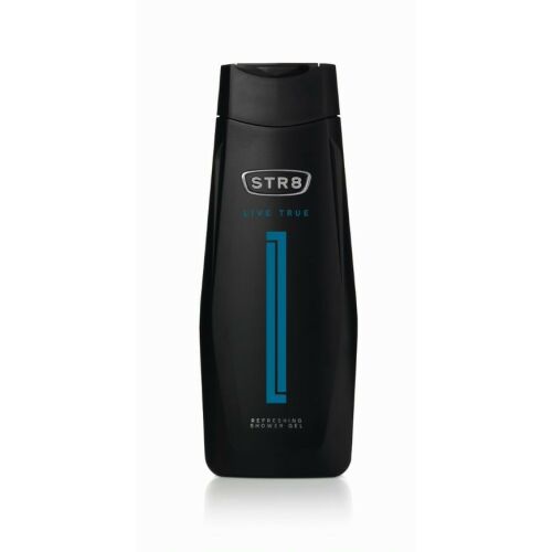 STR8 Live True frissítő tusfürdő 400ml, fekete flakon kék 'L' dizájnnal, elölnézet, férfiaknak - Tusfürdő