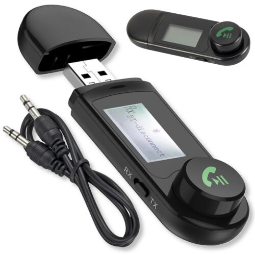 Bluetooth 5.0 adó-vevő kollázsa nyitott USB sapkával és 3,5 mm-es jack kábellel, bemutatva a terméket és alkatrészeit - Bluetooth adapter