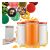 8x FRANKO 720ml üveg befőttesüveg piros fedéllel, három üveg közül egy narancslével vagy lekvárral töltve, egy kéz üres üveget tart, és változatos fedélminták a háttérben