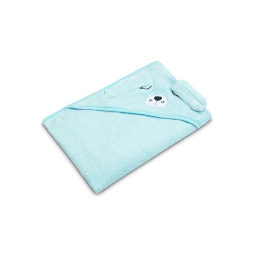 BATHFRIENDS OKRYCIE KĄPIELOWE 100x100 PIES BLUE, világoskék kapucnis babatörölköző aranyos kutyaarc hímzéssel, szépen összehajtva fehér alapon, ferde nézetben. 