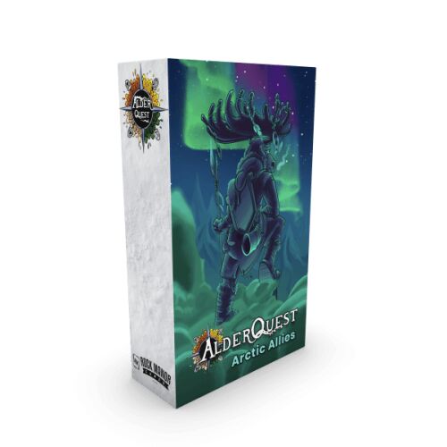 AlderQuest Arctic Allies kiegészítő társasjáték doboza, szarvasra emlékeztető karakterrel, sarki fény háttérrel 