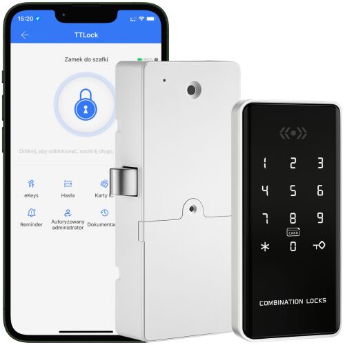 S4A-179 TTLock okos szekrényzár rendszer, amely a billentyűzetet, a zár mechanizmusát és a TTLock mobilalkalmazás felületét mutatja egy okostelefonon. - Zár