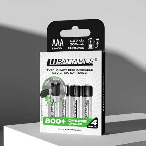 LiiBatteries ERŐTELJES ÚJRA TÖLTHETŐ LÍTIUM-ION AAA USB-C AKKUMULÁTOR 4 db 500mAh 1.5V
