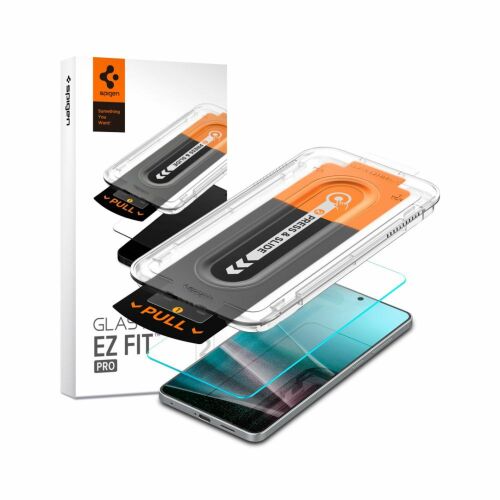 Spigen Glas.TR Ez Fit Pro edzett üveg Samsung Galaxy S25 Edge-hez csomagolással, bemutatva az egyszerű telepítési folyamatot az applikátor készlettel fehér háttéren - Kijelzővédő fólia