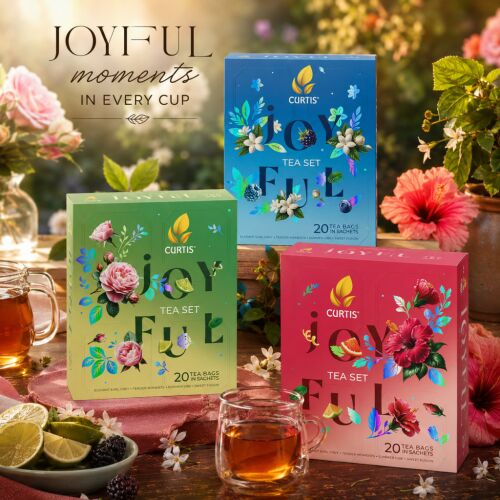 Három Curtis Joyful Teaszett (PIROS, KÉK, ZÖLD) együtt bemutatva egy csésze teával, kiemelve a választékot és az esztétikus megjelenést - Teaválogatás