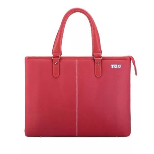 Elölnézet a TOO 15,6" piros női notebook táskáról logóval fehér alapon, dizájnt és fogantyúkat bemutatva - Laptop kiegészítő
