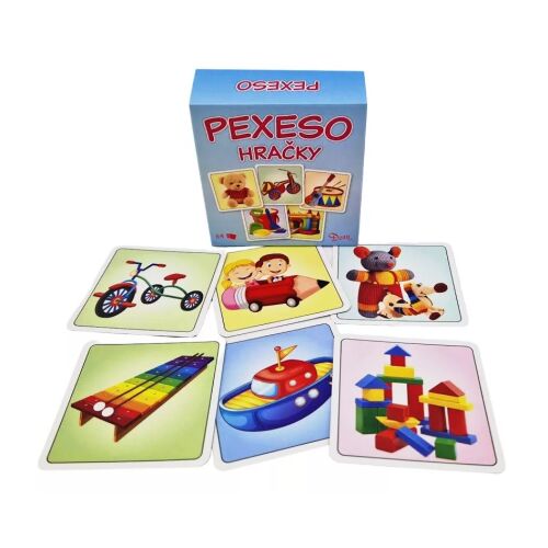 Pexeso Hračky memóriajáték gyerekeknek játékkártyákkal, melyeken tricikli, xilofon, hajó és építőkockák láthatók, a kék dobozos csomagolásával együtt bemutatva - Memória játék