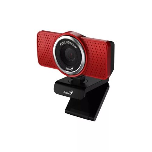 Genius Ecam 8000 piros 1080p webkamera, ferde nézetből, fehér háttérrel - Webkamera