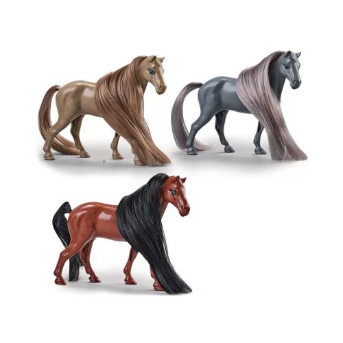 Három ló figura szett barna, szürke és vörösesbarna színekben, hosszú sörénnyel, 13cm - Figura