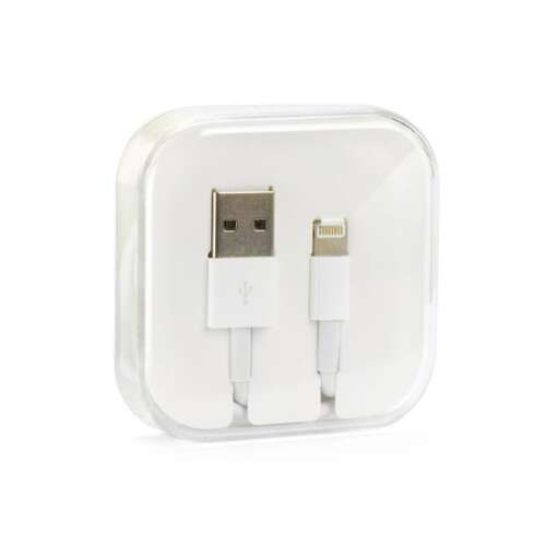 White USB to Lightning cable in a clear plastic box