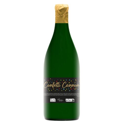 Színes Bottle 28 cm konfetti kilövő zöld üveg formában, arany fóliás kupakkal és 'Confetti Cannon' felirattal, színes konfetti grafikával, tökéletes partikra és ünneplésre. - Party kellék