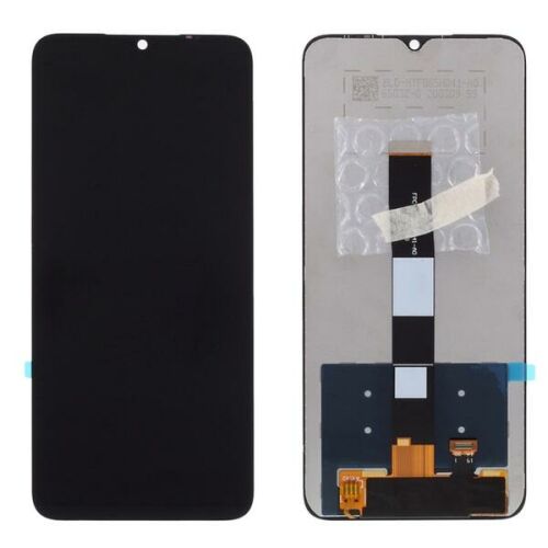 Xiaomi Redmi 10A OEM LCD kijelző érintővel, elöl és hátulnézet a csatlakozó kábelekkel fehér háttéren - Mobiltelefon kijelző