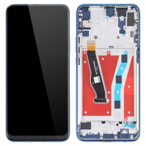 Huawei P smart Z / Y9 Prime 2019 kék LCD kijelző érintővel kerettel előlap, az összeszerelt kijelző elölnézete és a keret hátulnézete flex kábelekkel. - Mobiltelefon kijelző