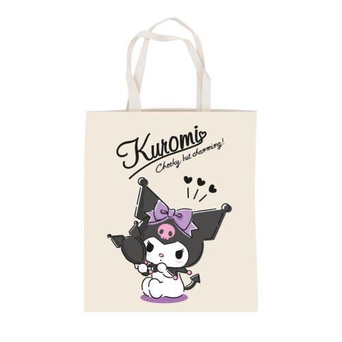 Hello Kitty Kuromi Charming vászontáska, 44 cm-es bevásárlótáska Kuromi karakterrel krémszínű háttéren 