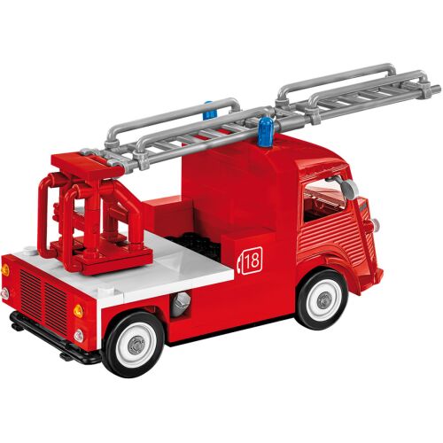 COBI 24628 Citroën Type H Pompiers 210 darabos építőkészlet, összeállított piros tűzoltóautó játék létrával, szögből nézve - Cobi