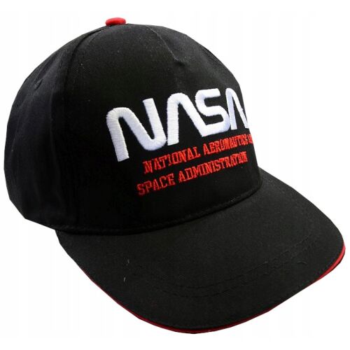 Fekete NASA baseball sapka hímzett fehér NASA logóval és piros szöveggel, ferde nézet, hivatalos termék, állítható - Férfi baseball sapka