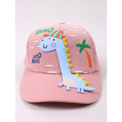 YO! DINOSZAURUS 3D RÓZSASZÍN BASEBALL SAPKA játékos kék dinoszaurusz és pálmafa hímzéssel, ferde nézet fehér háttéren, gyerekeknek - Gyerek baseball sapka, kalap