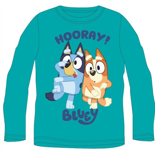 Bluey fiú hosszú ujjú zöld pamut póló Bluey és Bingo karakterekkel az elején, 'HOORAY! BLUEY' felirattal és egyszínű zöld ujjakkal, licencelt termék. - Gyerek hosszú ujjú póló
