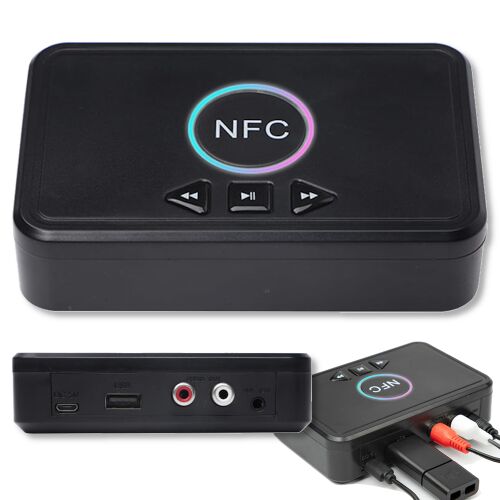 Vevő D10 NFC Bluetooth 5.0 audio vevő kollázsa, amely a tetejét, a hátsó portokat és a használatban lévő csatlakozásokat mutatja - Bluetooth vevő