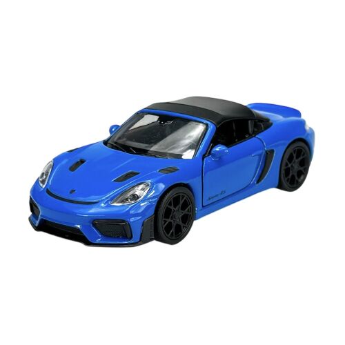 WELLY PORSCHE 718 SPYDER RS kék modell autó fekete tetővel, 1:34 méretarány, szögből nézve fehér háttéren - Játék autó