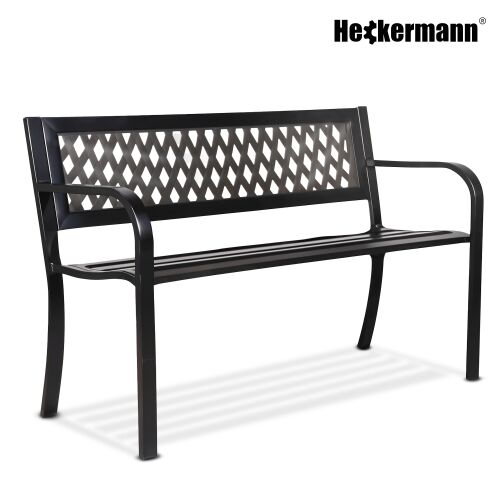 Heckermann HM-125 kerti pad, szögletes nézet, bemutatva az elegáns fekete fém szerkezetet rombusz mintás háttámlával, fehér háttéren elszigetelve - Kerti pad